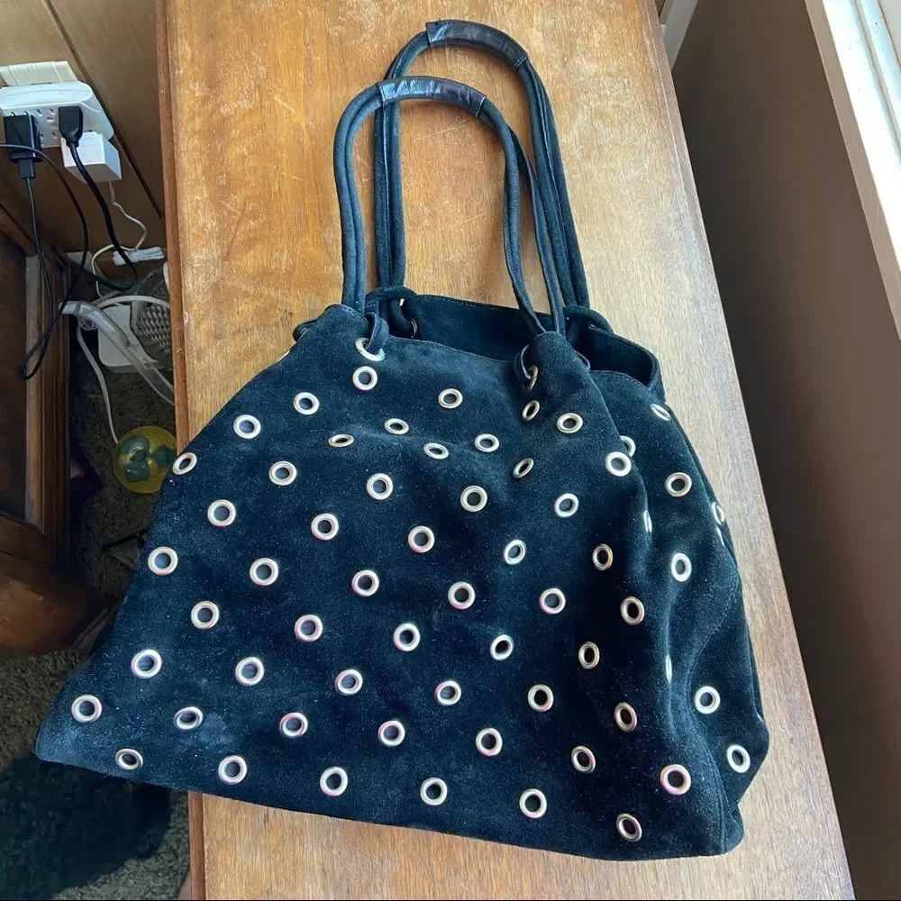 VTG 90s Jane August Luxury Black Suede Silver Grommet Eyelet Hobo Bag Purse